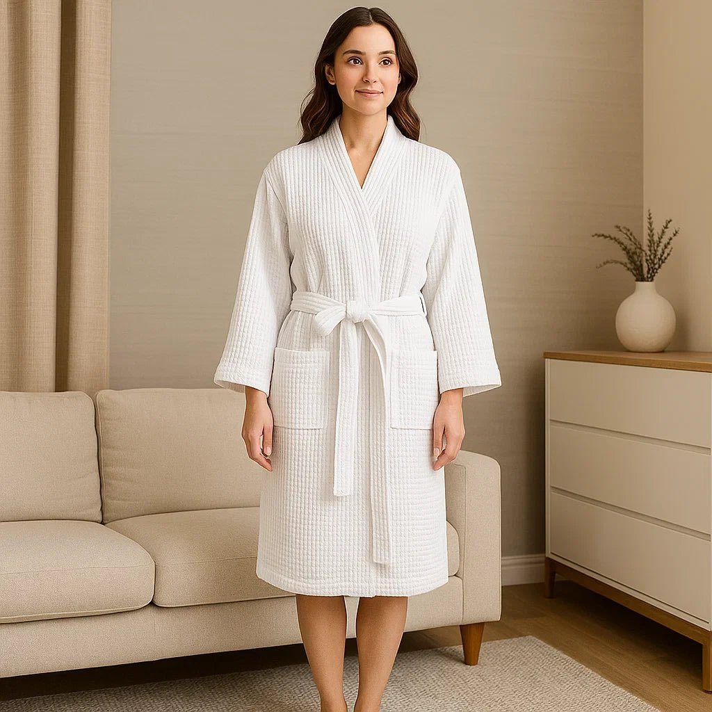 SereneLuxe – Puuvillainen Waffle - kylpytakki Elegantilla V - muotoisella Kaula - aukolla - EmiyoSuomi - Kylpytakit