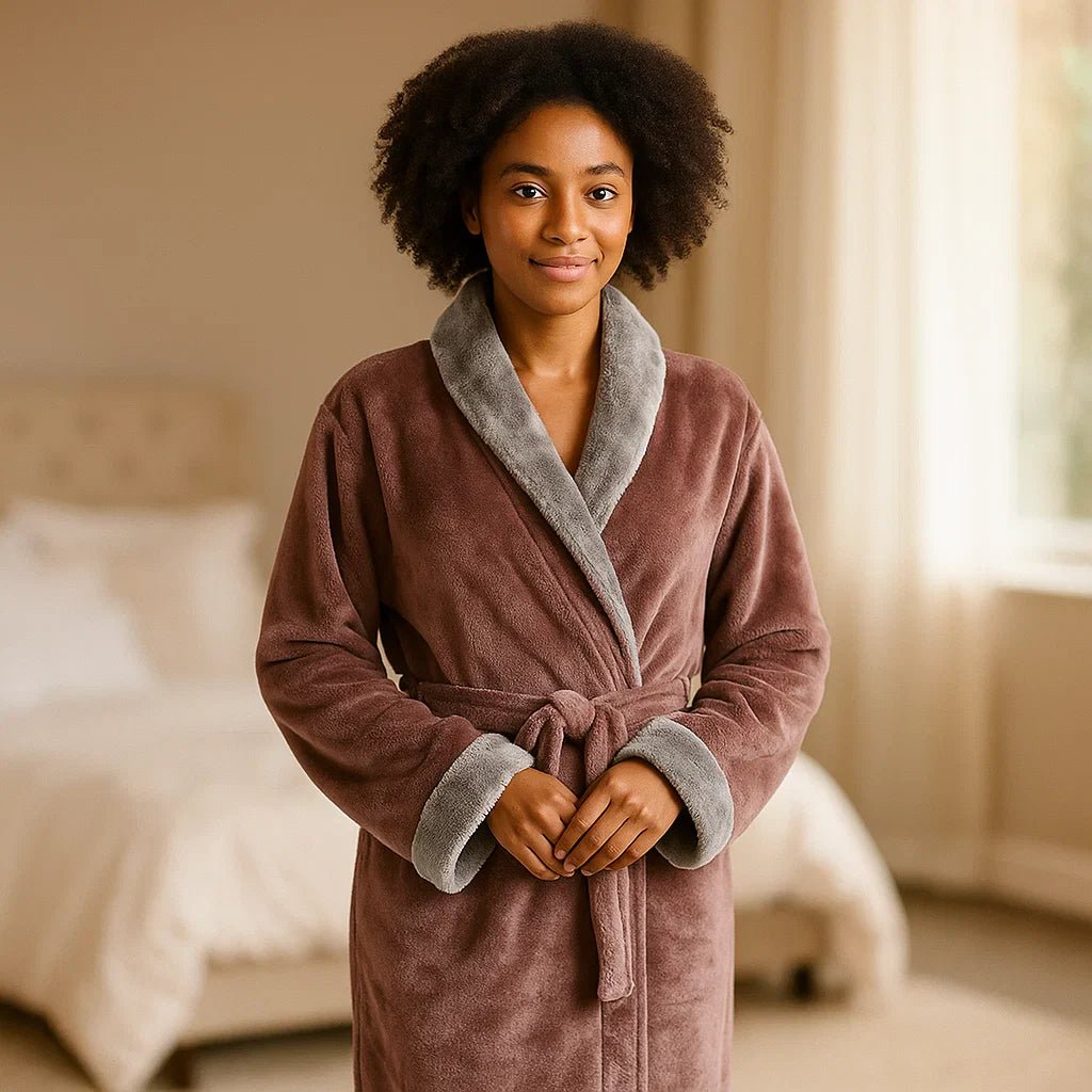 VeluSoft – Tyylikäs Fleece - kylpytakki Luksusmaisella Kontrastivärillä Rentoutumiseen - EmiyoSuomi - Kylpytakit