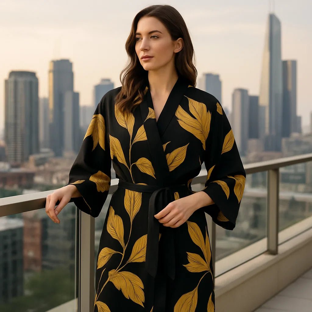 VelvetAura – Tyylikäs Kevyt Kylpytakki Kultaisilla Yksityiskohdilla Tyylikkääseen Rentoutumiseen - EmiyoSuomi - Kylpytakit