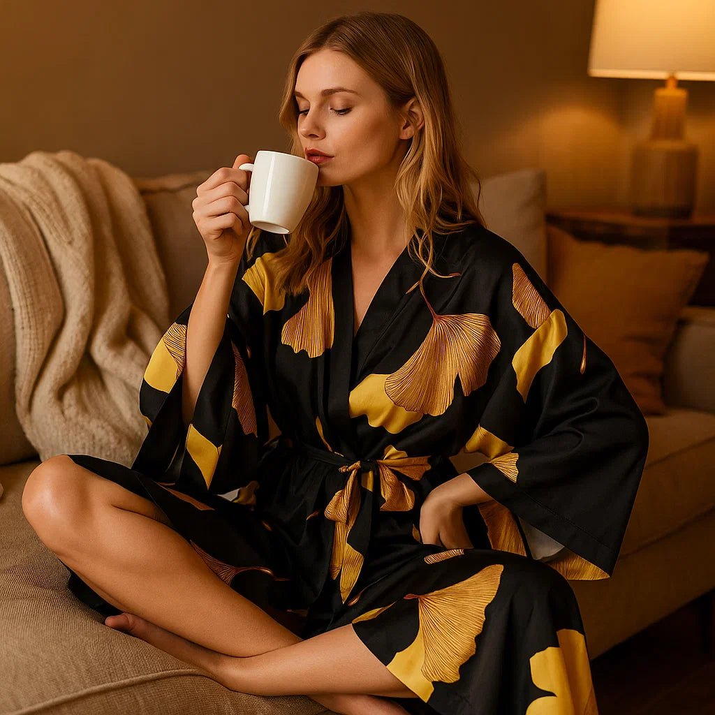 VelvetAura – Tyylikäs Kevyt Kylpytakki Kultaisilla Yksityiskohdilla Tyylikkääseen Rentoutumiseen - EmiyoSuomi - Kylpytakit