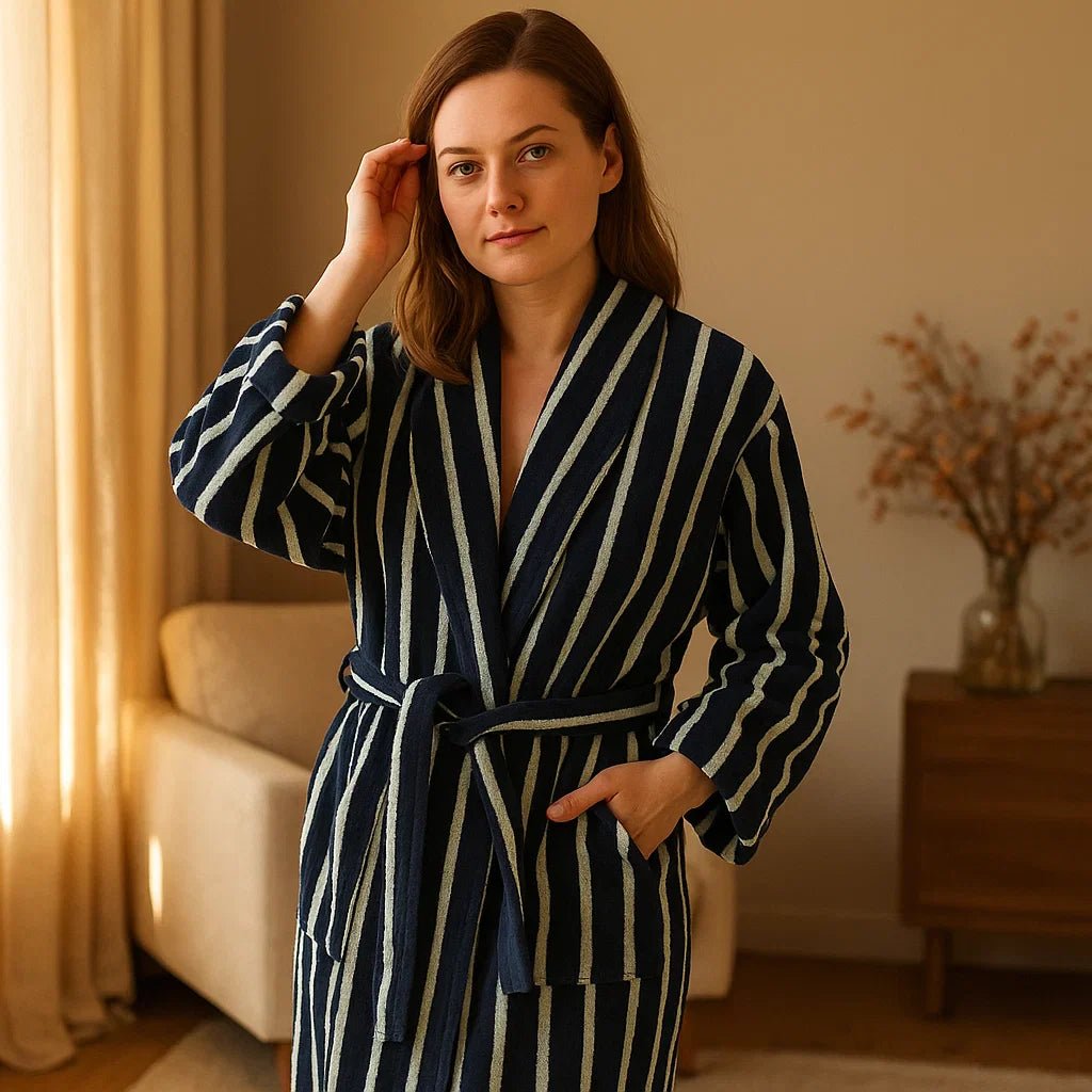 VelvetDawn – Tyylikäs Kylpytakki Luksuspuuvillasta Ajattomilla Raidallisilla Yksityiskohdilla - EmiyoSuomi - Kylpytakit