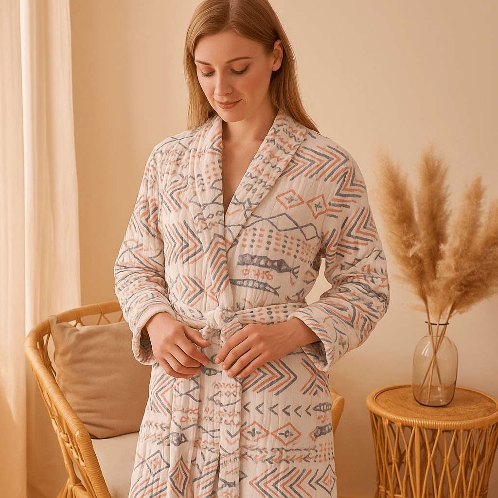 VelvetMorn – Pehmeä Luksuspyjama Puuvillasekoitteesta Rentouttaviin Hetkiin - EmiyoSuomi - Kylpytakit