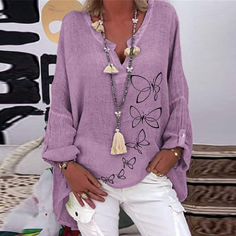 Henna | Muodikas boheemi pellavapusero jossa on perhosia-Clothing-EmiyoSuomi