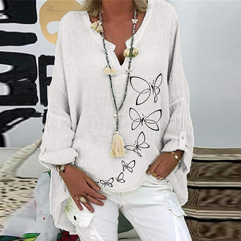 Henna | Muodikas boheemi pellavapusero jossa on perhosia-Clothing-EmiyoSuomi