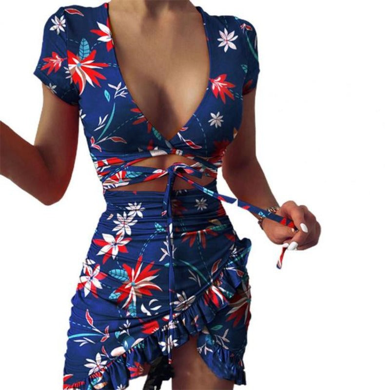 Calista | V-kaula-aukkoinen kukkakuvioinen setti-Clothing-EmiyoSuomi