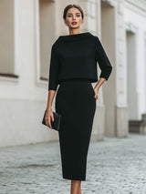 Naisten sovitettu sarja pääntie-topilla ja midi-hameella, rento elegantti tyyli