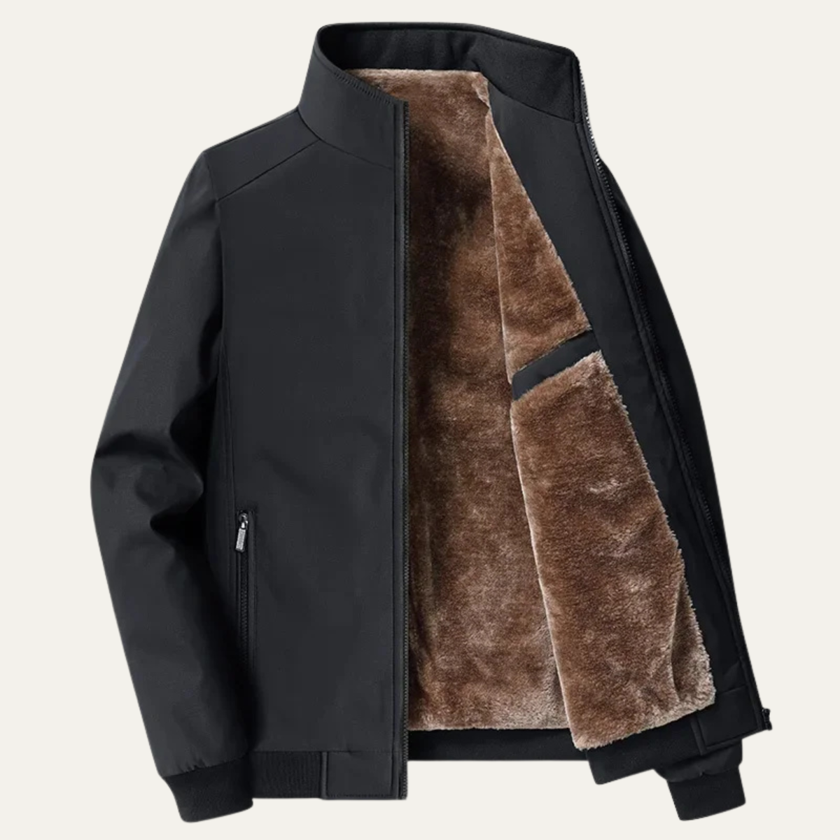 Miesten fleece-vuorinen takki pystykauluksella ja vetoketjulla edessä