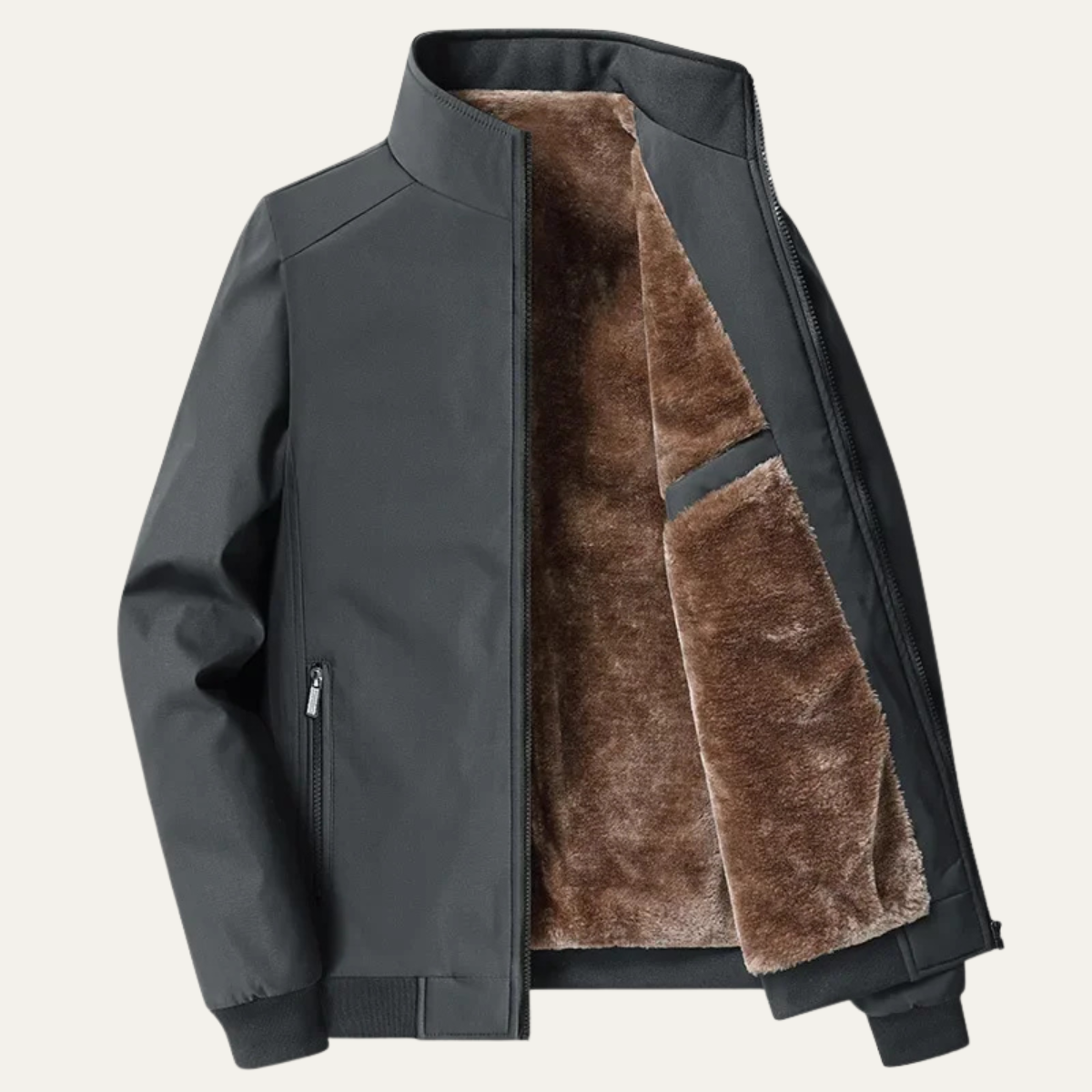 Miesten fleece-vuorinen takki pystykauluksella ja vetoketjulla edessä