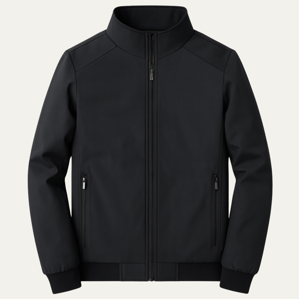 Miesten fleece-vuorinen takki pystykauluksella ja vetoketjulla edessä