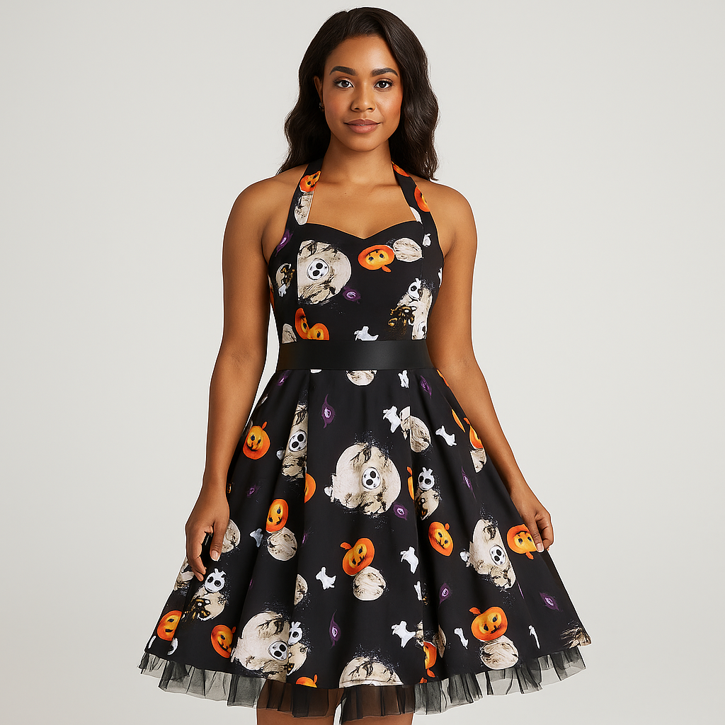 Alessandra Halloween Midi Mekko - Sarjakuvaprintti - Uniikki Design