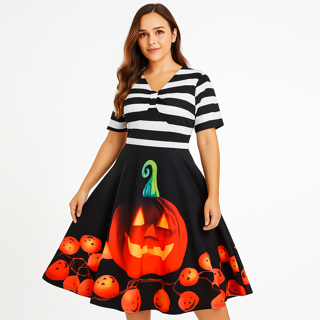 Daniela Vintage Halloween Mekko - Kurpitsaprintti - Midi-Pituus - Tyylikäs Juhlapuku