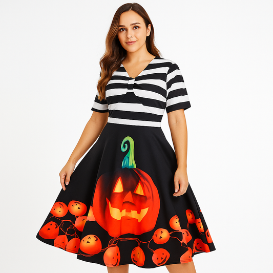 Daniela Vintage Halloween Mekko - Kurpitsaprintti - Midi-Pituus - Tyylikäs Juhlapuku