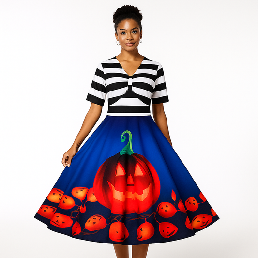 Daniela Vintage Halloween Mekko - Kurpitsaprintti - Midi-Pituus - Tyylikäs Juhlapuku