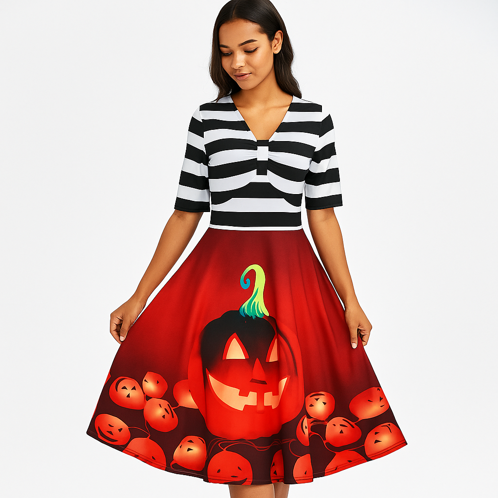 Daniela Vintage Halloween Mekko - Kurpitsaprintti - Midi-Pituus - Tyylikäs Juhlapuku