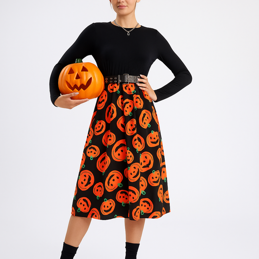 Emilia Halloween Midi Mekko - Pelottava Kurpitsaprintti - Uniikki Tyyli