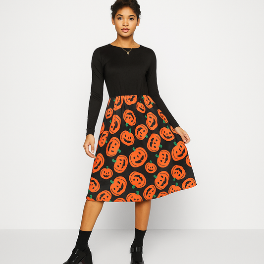 Emilia Halloween Midi Mekko - Pelottava Kurpitsaprintti - Uniikki Tyyli
