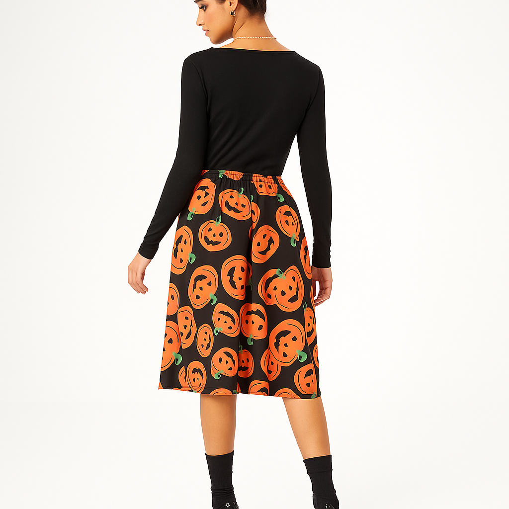 Emilia Halloween Midi Mekko - Pelottava Kurpitsaprintti - Uniikki Tyyli