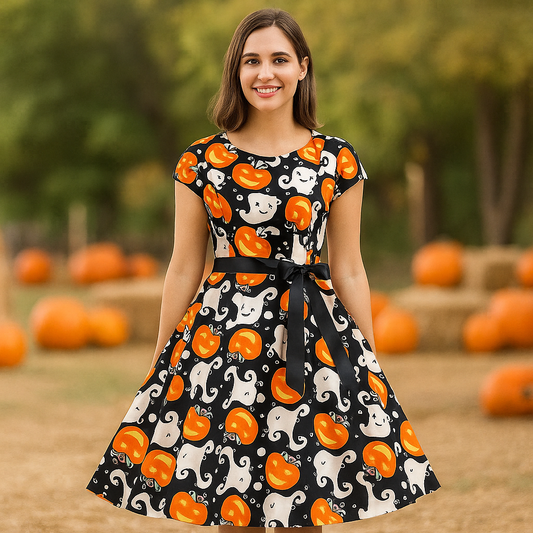 Anita Midi Mekko - Halloween Haamut & Kurpitsat - Unik Festkjole