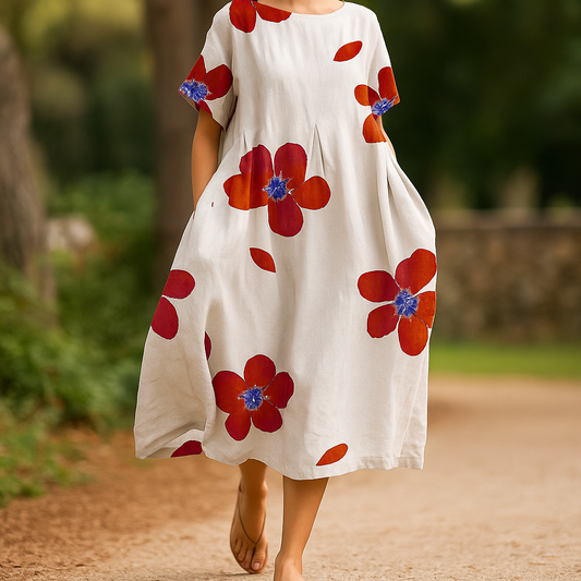 Lockeres Blumenmuster Kleid für Damen - Frühling/Sommer - Rundhalsausschnitt