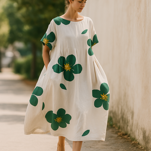 Lockeres Blumenmuster Kleid für Damen - Frühling/Sommer - Rundhalsausschnitt