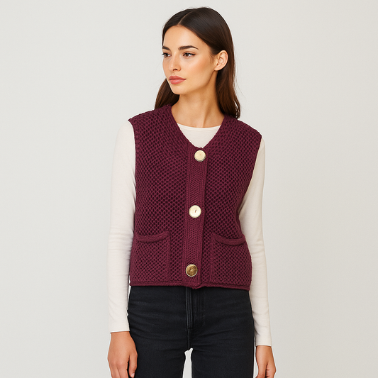 Gehaakte Gebreide Bodywarmer - Patches Knopen - Stijlvolle Comfort