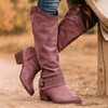 Damenstiefel – Samtiges Finish – Bestickter Schaft – Schnallenschmuck