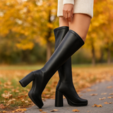 Damen Über-Knie-Stiefel - Klobiger Absatz - Plateau-Schuh - Schlanke Glänzende Passform