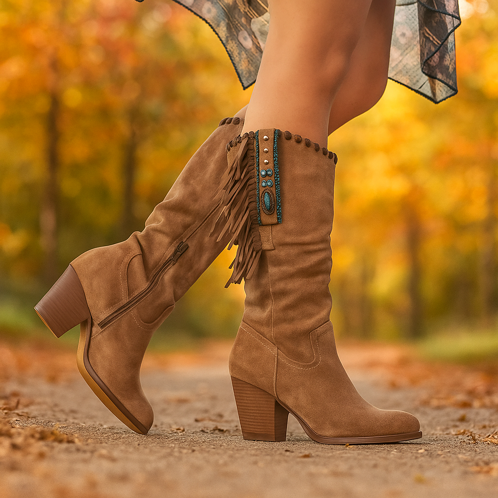 Damen kniehohe Stiefel - Kunstwildleder - Ripskanten - Western-Stil - Mäßig hohe Absätze