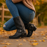 Damen Mid-Calf Stiefel – Leder Harnisch – Schnalle & Nietenband
