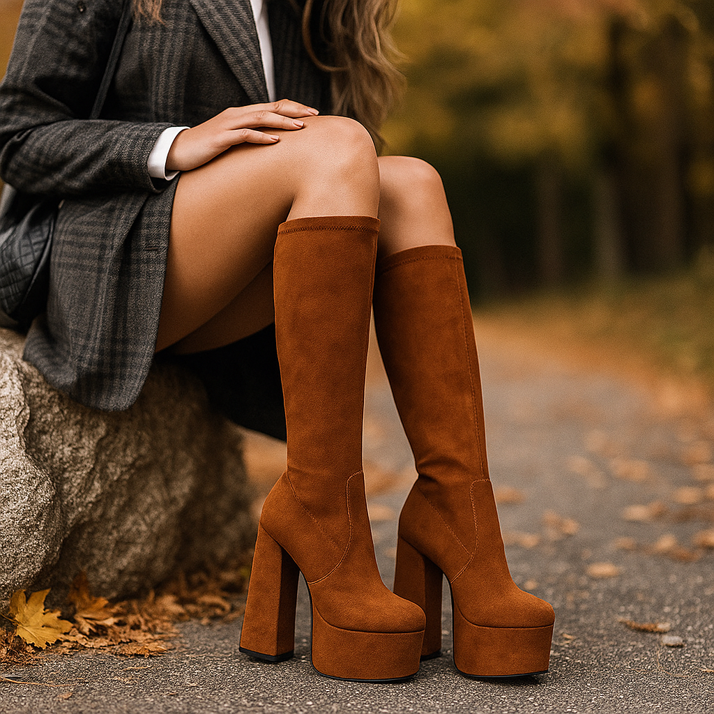 Damen kniehohe Stiefel – Nappaleder Optik – Dicker Absatz – Plateau-Stiefel