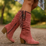Damen kniehohe Stiefel - Kunstwildleder - Ripskanten - Western-Stil - Mäßig hohe Absätze