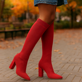 Damen Knielange Strumpf Stiefel - Stretch-Strick - Schlanke Passform - Spitz Zeh - Flacher Absatz