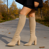 Damen Knielange Strumpf Stiefel - Stretch-Strick - Schlanke Passform - Spitz Zeh - Flacher Absatz
