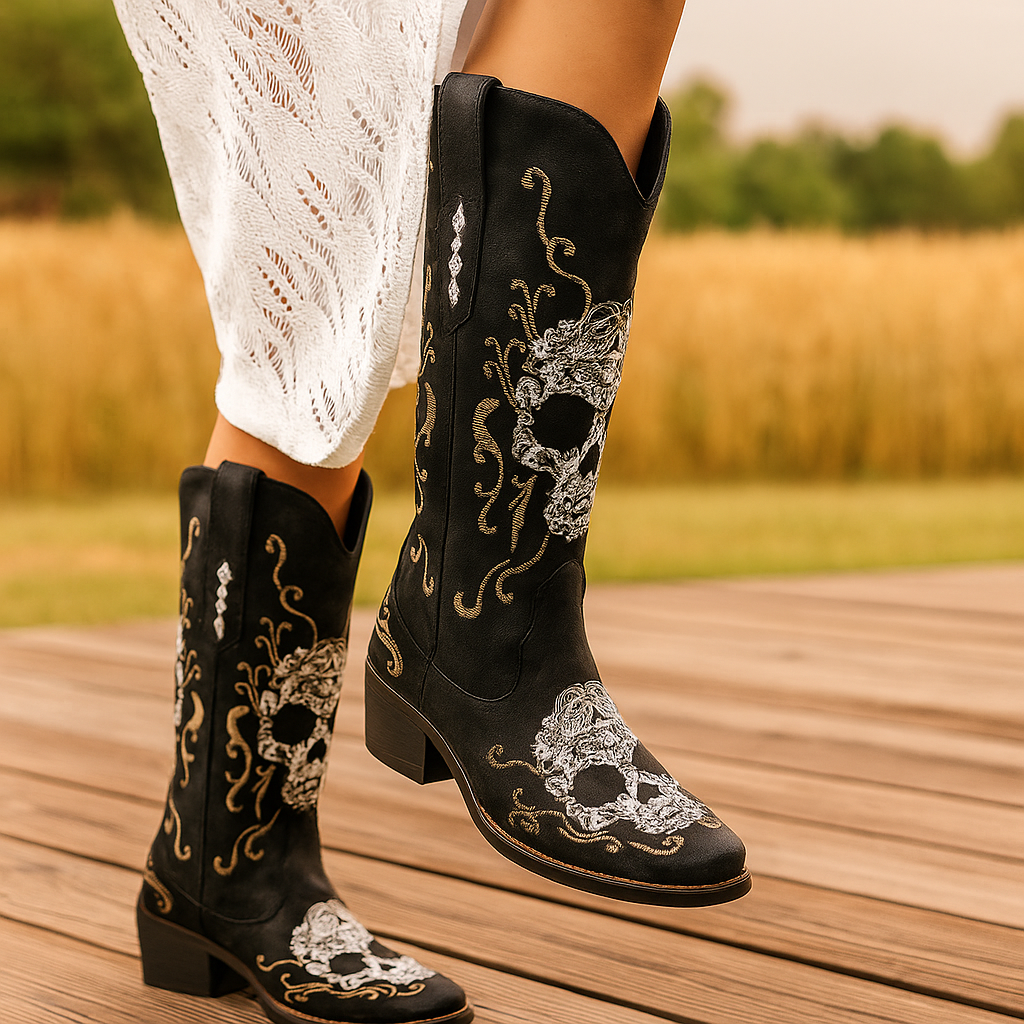 Dames Cowboylaarzen – Geborduurde Schedel – Dikke Hak – Puntige Neus
