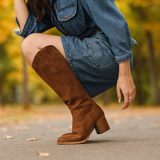 Damen kniehohe Cowboy-Stiefel – Nappaleder Gefühl – Runde Zehe Absatz