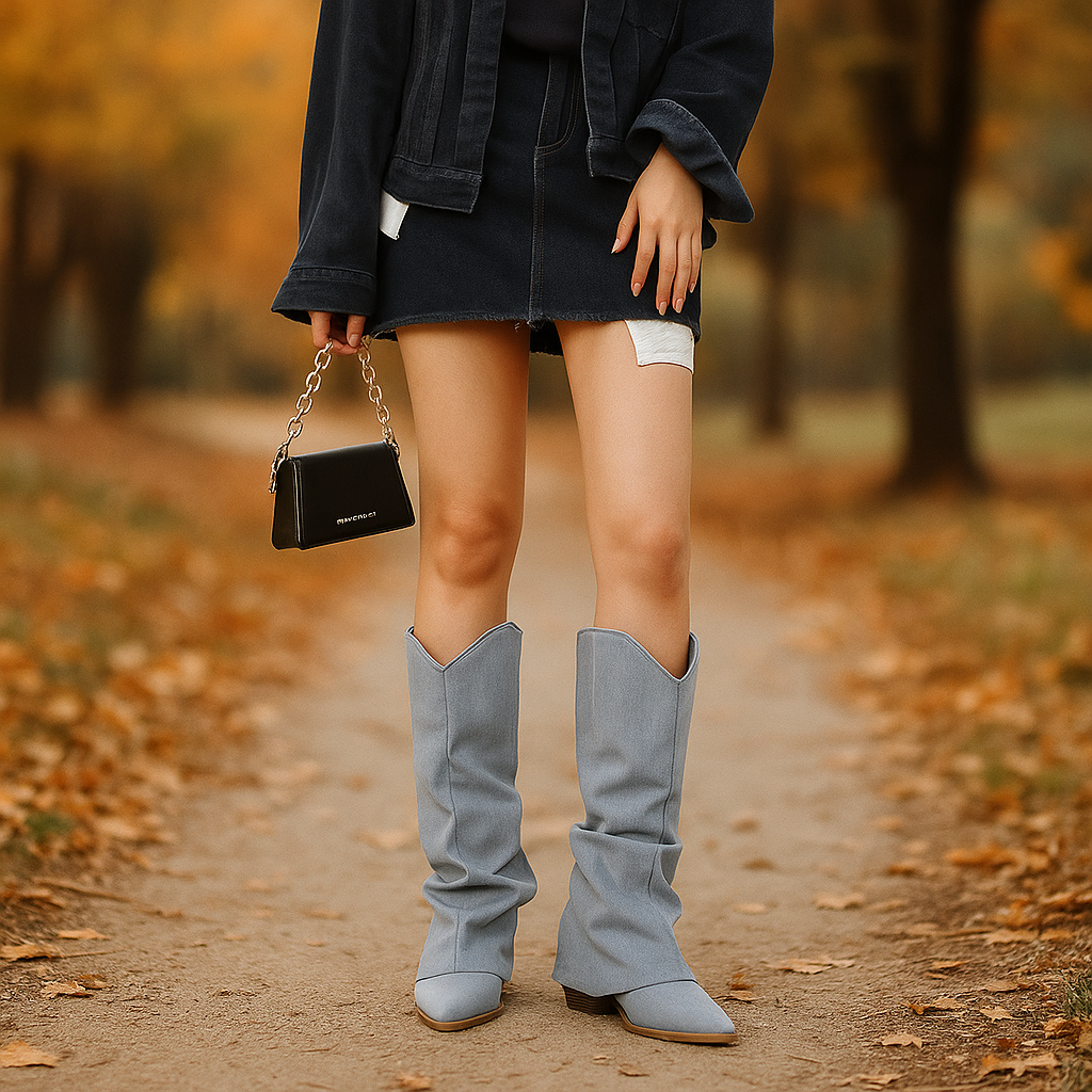 Dames Kniehoge Denim Cowboylaarzen - Stijlvol - Comfortabel - Duurzaam