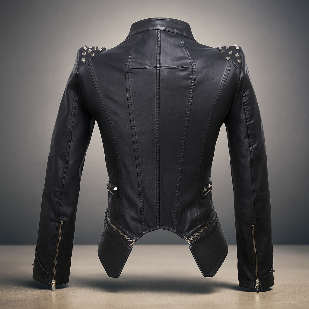 Naisten Nahkatakki - Fitted Biker - Niittikaulus & Hihansuut - Vetoketjuyksityiskohdat