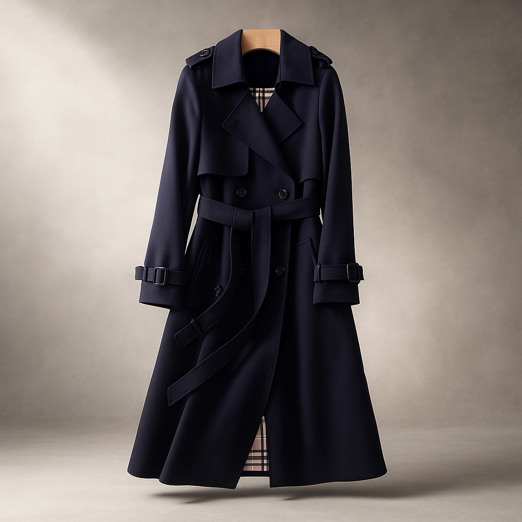 Kvinders dobbelte strikkede trenchcoat - Klassisk stil - Tidløs overtøj