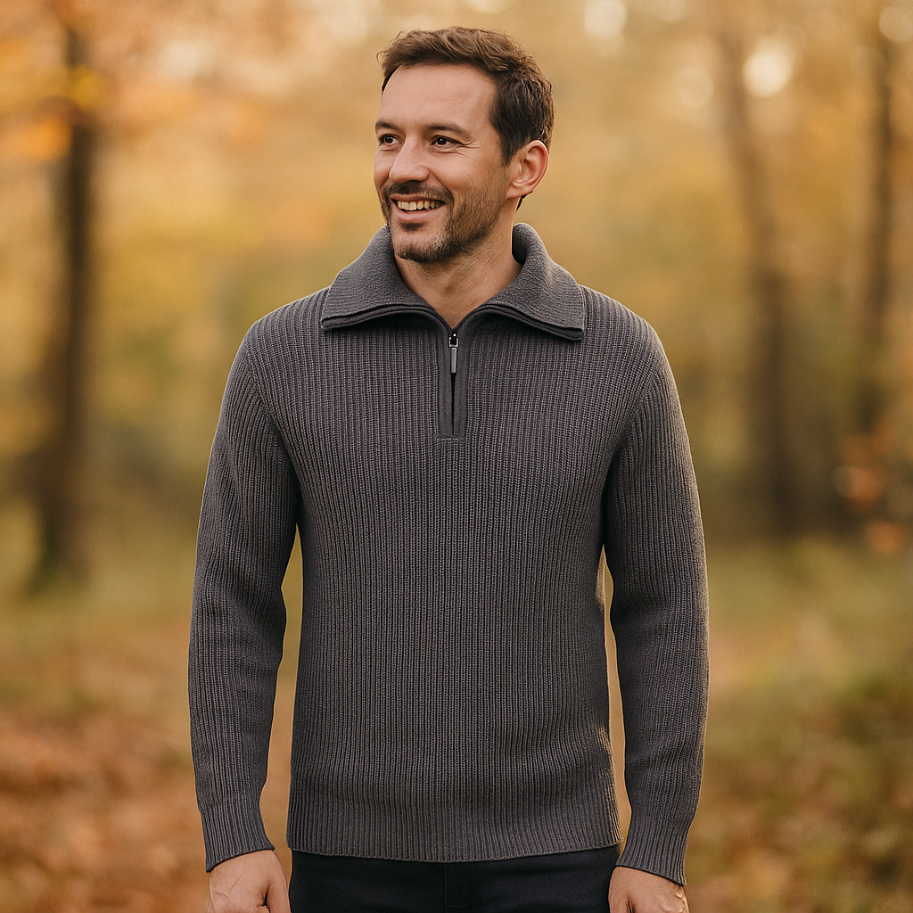 Miesten Half-Zip Villapaita - Rakenteellinen Neule - Korkea Kaulus - Ribatut Hihansuut