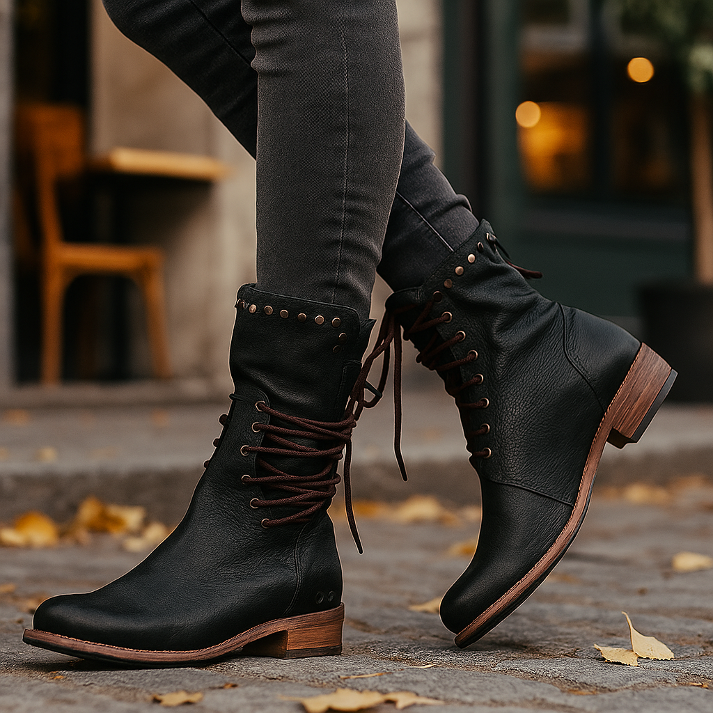 Damen Lederstiefel mit mittelhohem Schaft – Schnürverschluss – Metallnieten – Niedriger Absatz