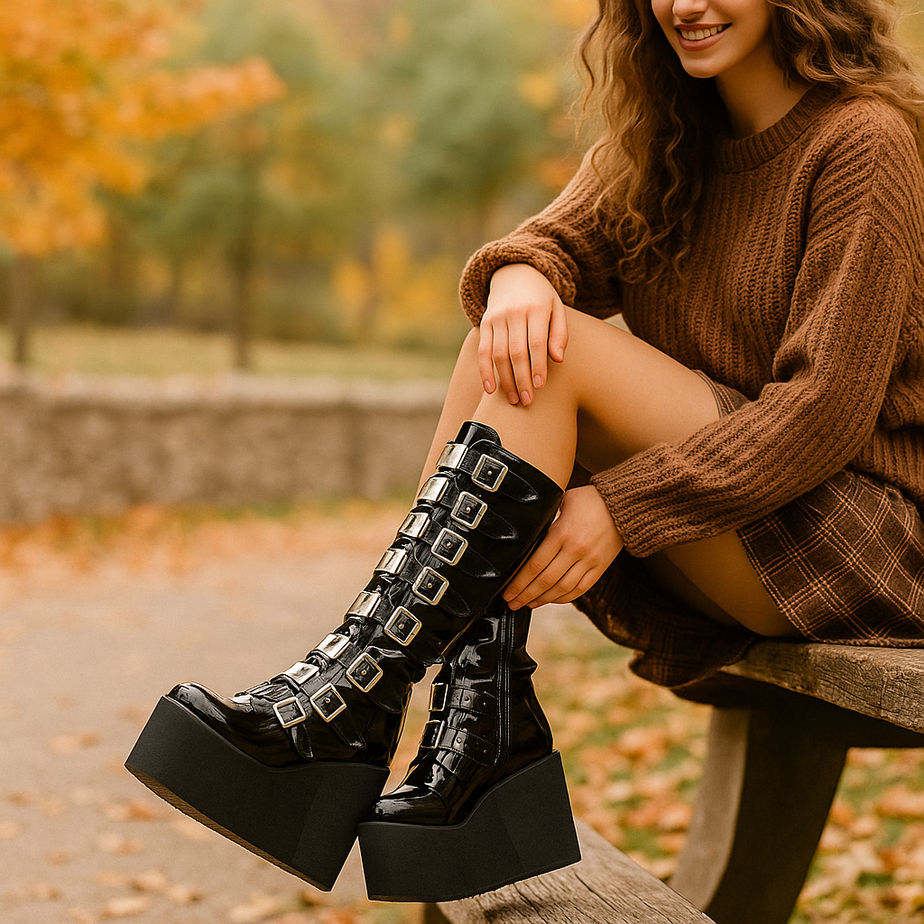Damen Plateau Stiefel - Verstellbare Riemen - Robustes Profil