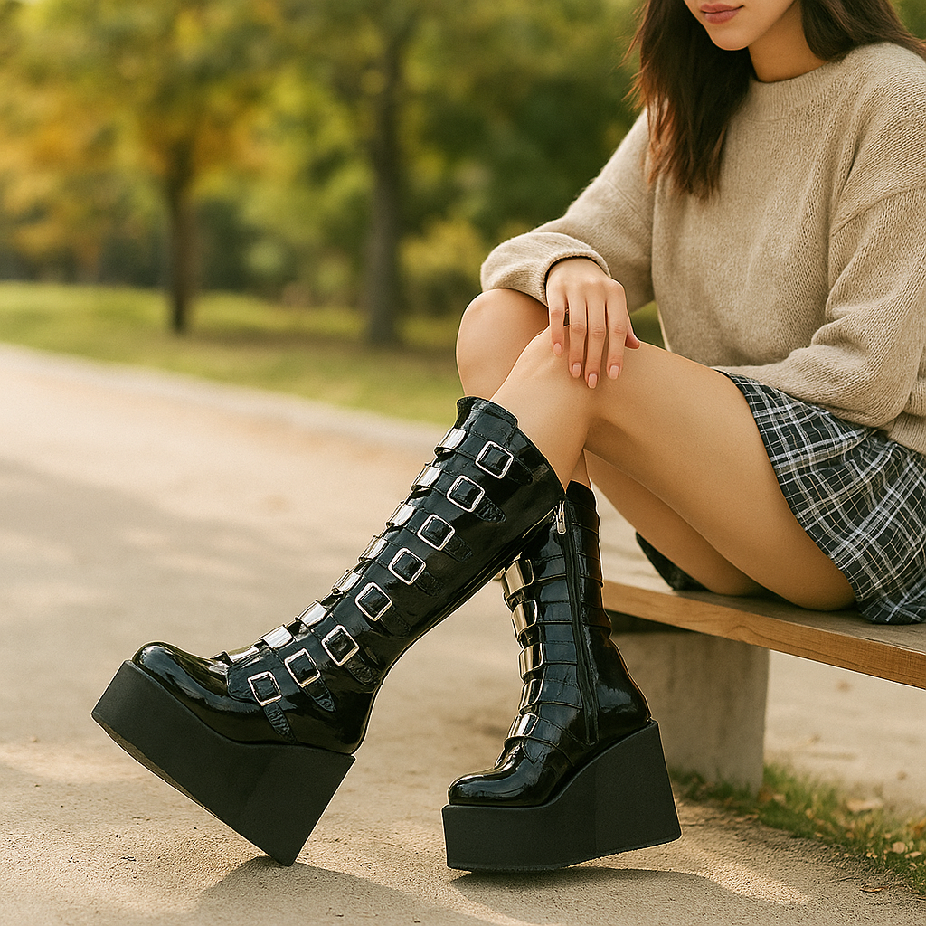 Damen Plateau Stiefel - Verstellbare Riemen - Robustes Profil