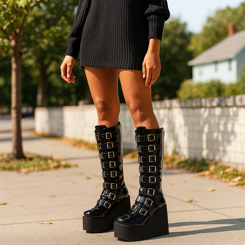 Damen Plateau Stiefel - Verstellbare Riemen - Robustes Profil