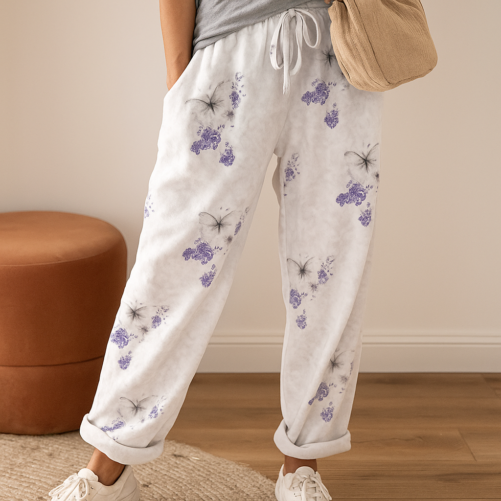 Dames linnenbroeken met bloemen- en vlinderprint
