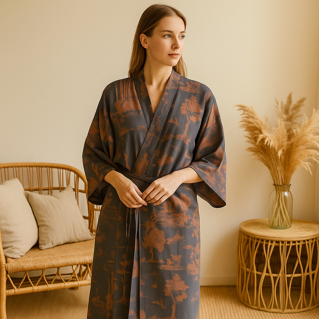 SilvaLoom – Luonnollinen ja Tyylikäs Kimono Kylpytakki Ajattomalla Boho-Muotoilulla