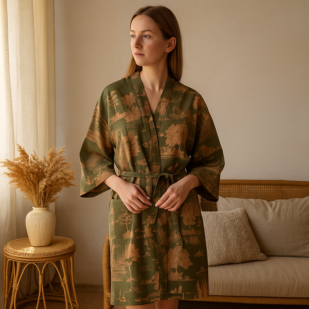 SilvaLoom – Luonnollinen ja Tyylikäs Kimono Kylpytakki Ajattomalla Boho-Muotoilulla