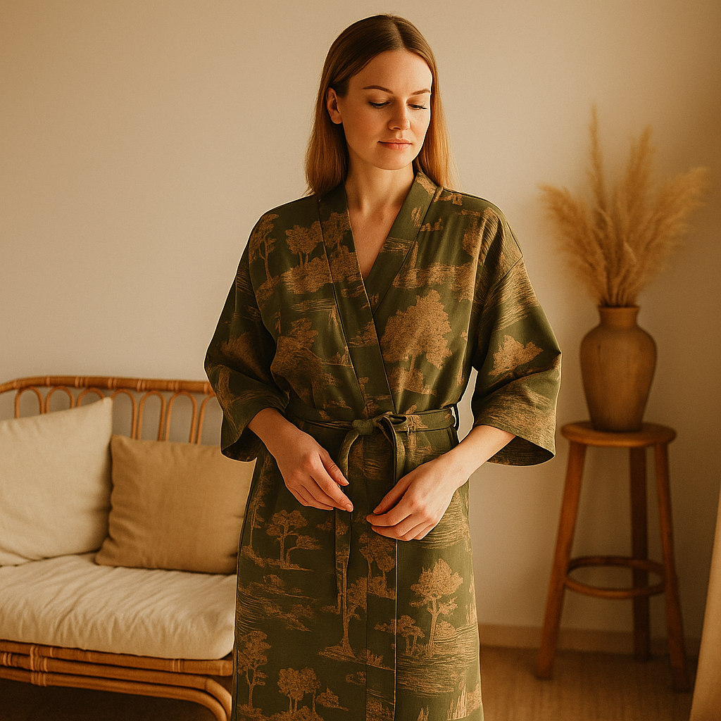 SilvaLoom – Luonnollinen ja Tyylikäs Kimono Kylpytakki Ajattomalla Boho-Muotoilulla