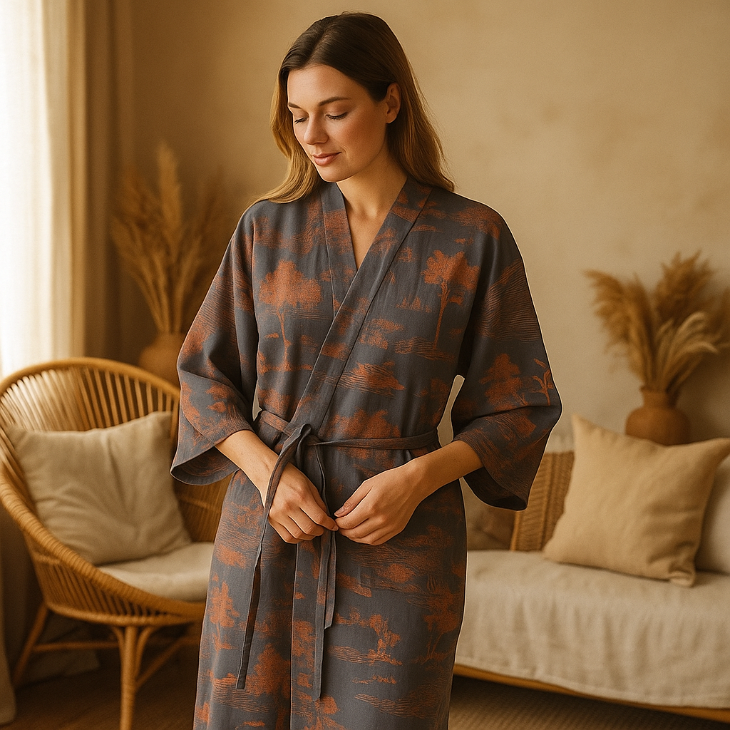 SilvaLoom – Luonnollinen ja Tyylikäs Kimono Kylpytakki Ajattomalla Boho-Muotoilulla