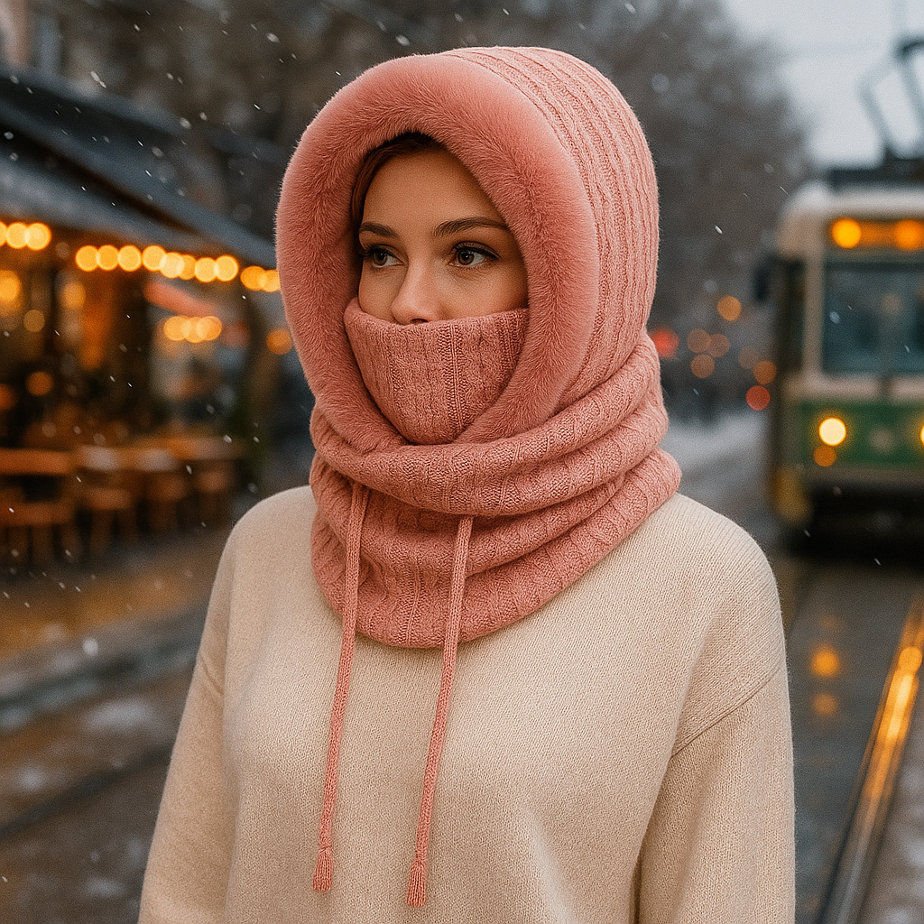 Olivia – Talvi Käsin Kudottu Setti, jossa On Vuorattu Huppu