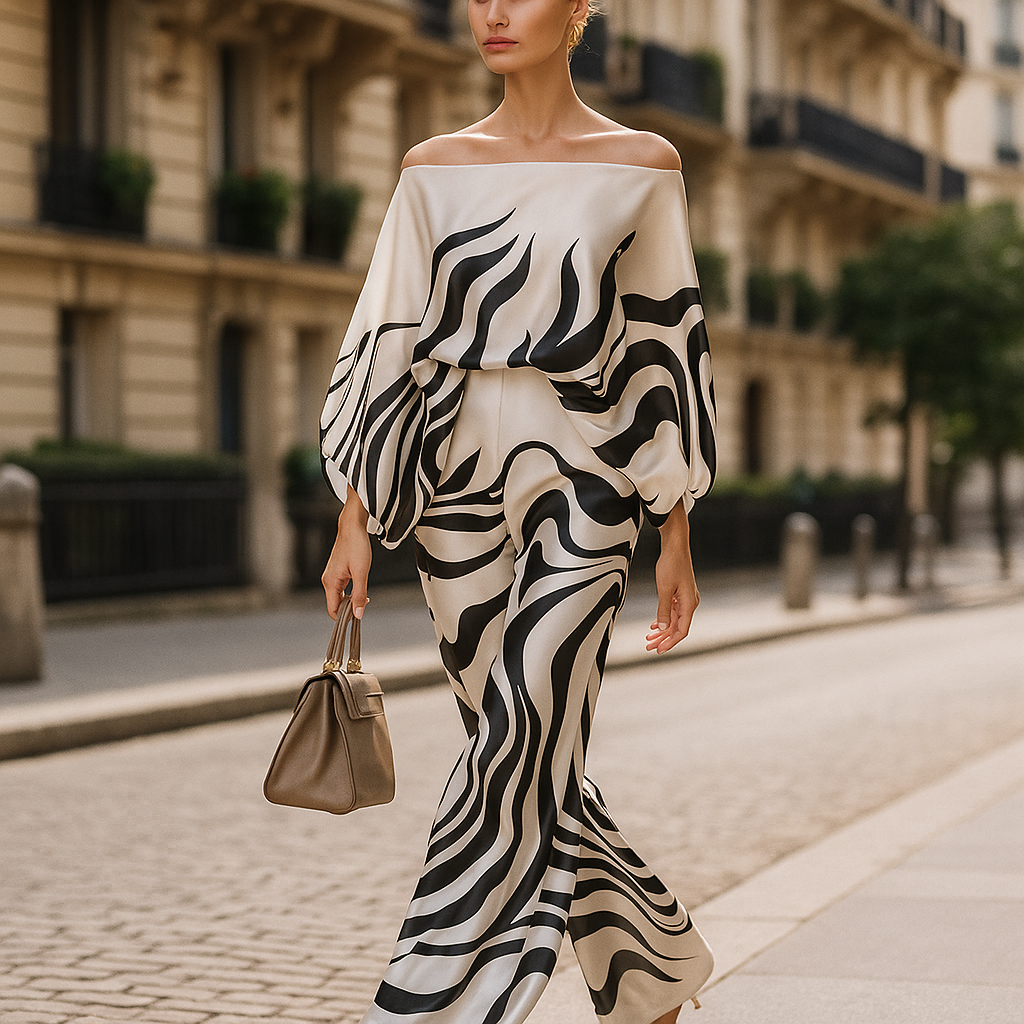 Tyylikäs samettiasu naisille - epäsymmetrinen paita - leveät housut